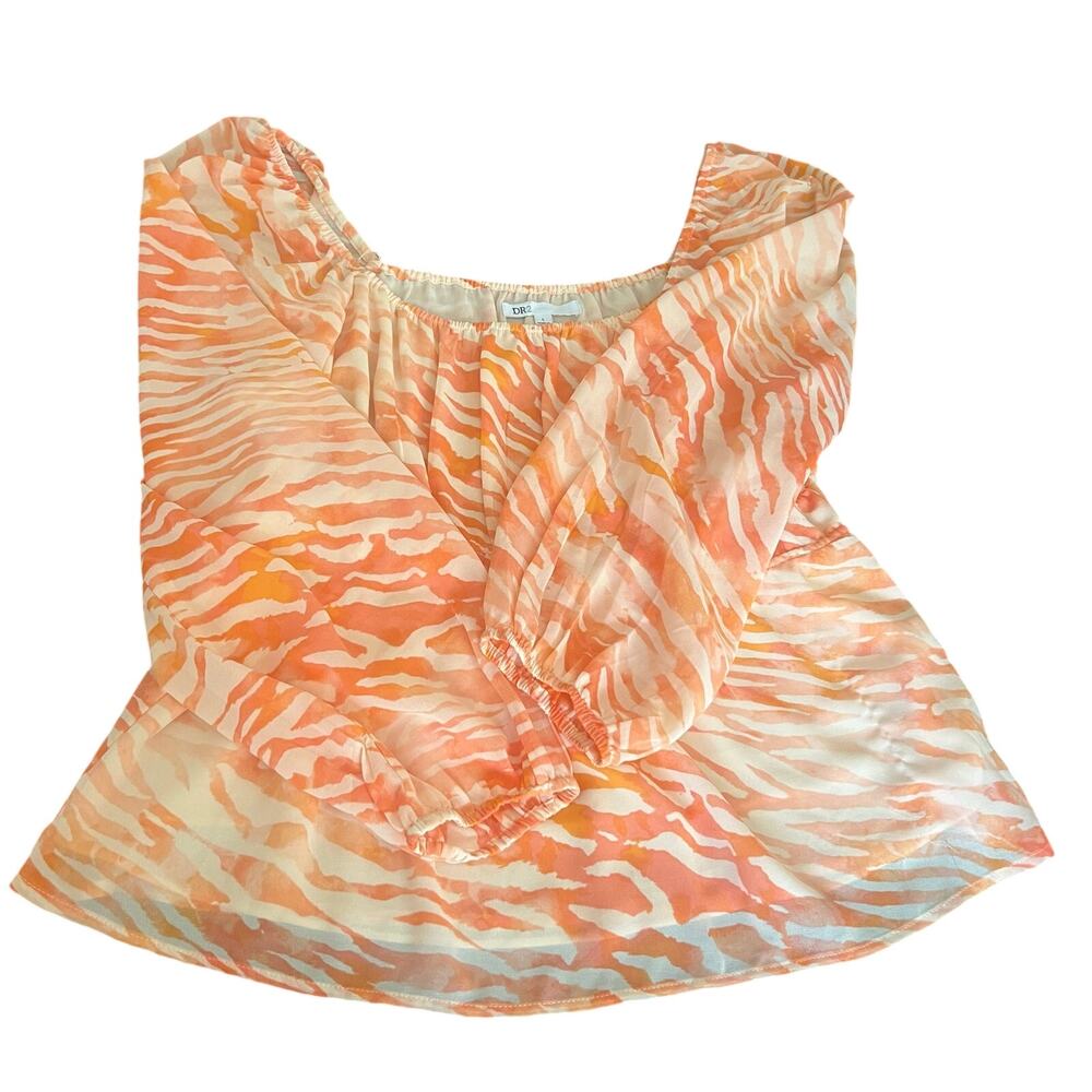 DR2 Women’s Large Orange Peach Zebra Print Long Sleeve Peplum Blouse